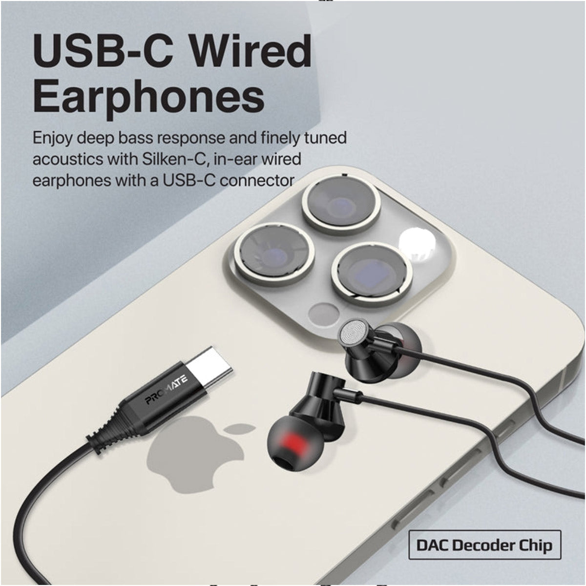 Promate Silken-C Ergonomic In-Ear USB-C Wired Stereo Headphones (Grey)