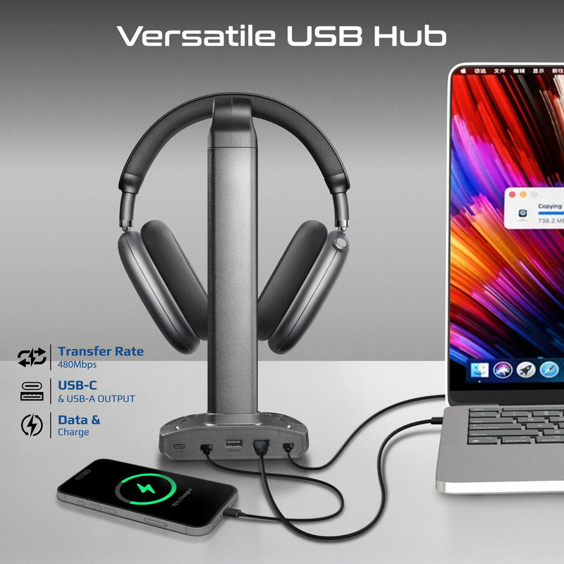 Promate FortX Multifunctional RGB Headset Stand with 15W Wireless Charger & USB Hub