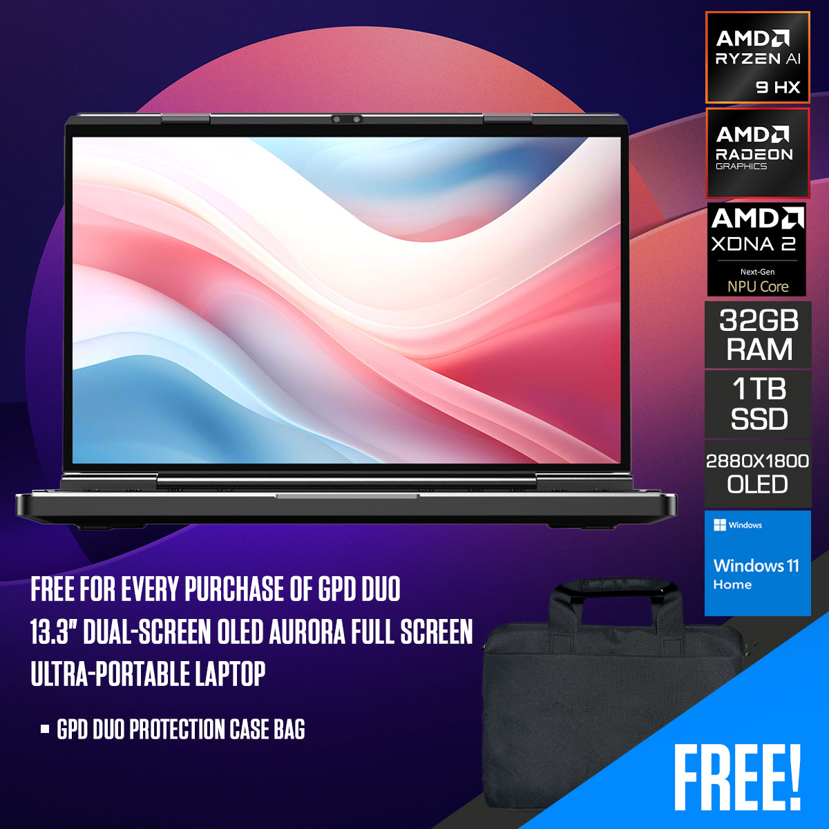 GPD DUO 13.3" Dual-Screen OLED Aurora Full Screen 2880x1800 WQXGA+ Resolution | AMD Ryzen AI 9 HX 370 | AMD Radeon 890M | 32GB RAM + 1TB SSD | Windows 11 Home Ultra-Portable Laptop + GPD DUO Protection Case Bag