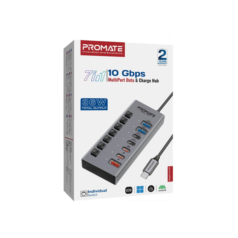 Promate GegaHub-10G 7-in-1 36W Type-C High Speed Multi-Ports 10Gbps Data & Charging Hub
