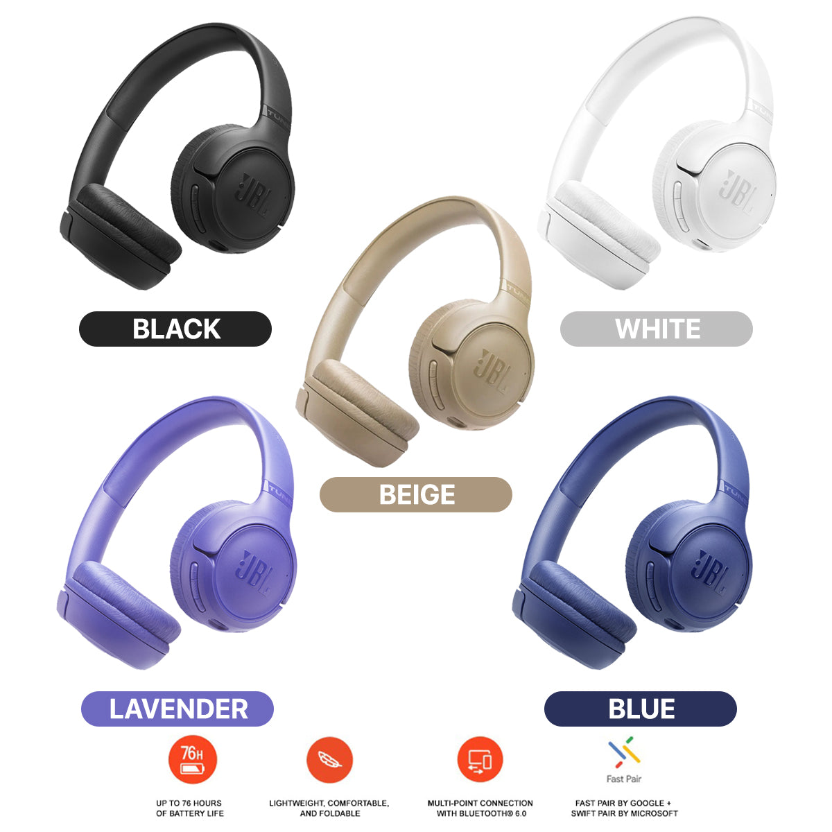 JBL TUNE 530BT Wireless On-Ear Headphones (Blue, Lavender, White, Black, Beige)