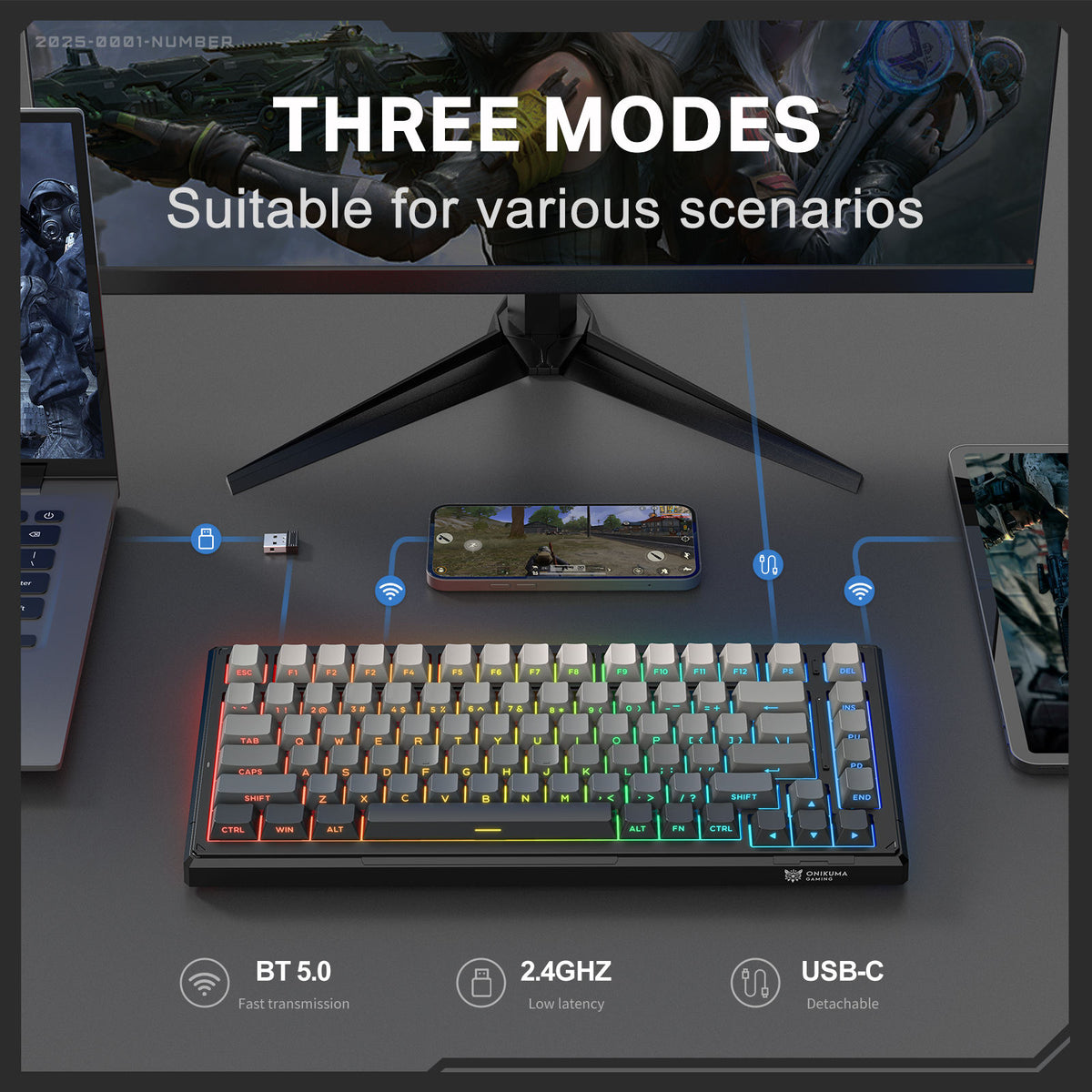 Onikuma G83 83-Key RGB Tri-Mode Hot-Swappable Mechanical Keyboard