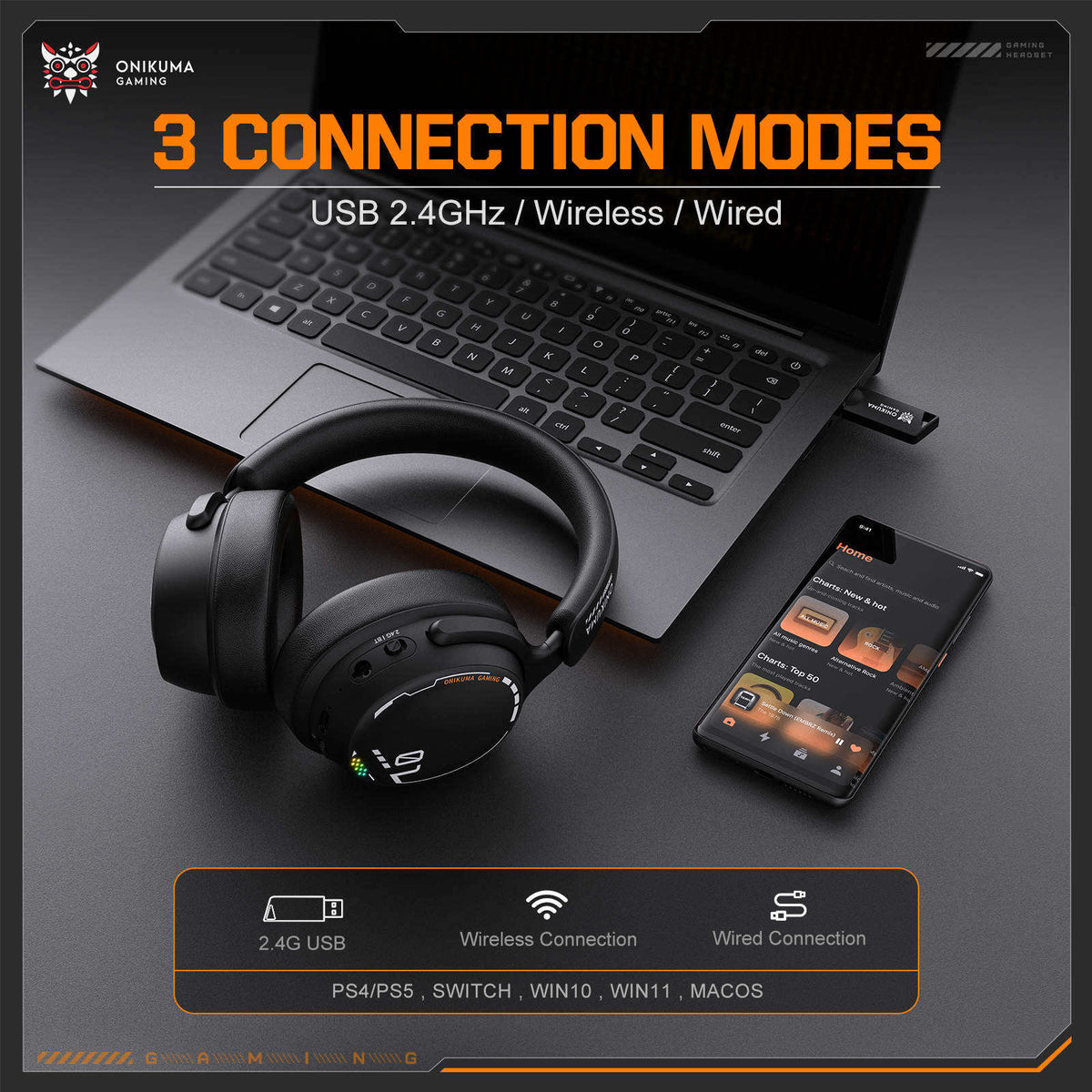 Onikuma GT886 Tri-Mode Gaming Headset (Black)