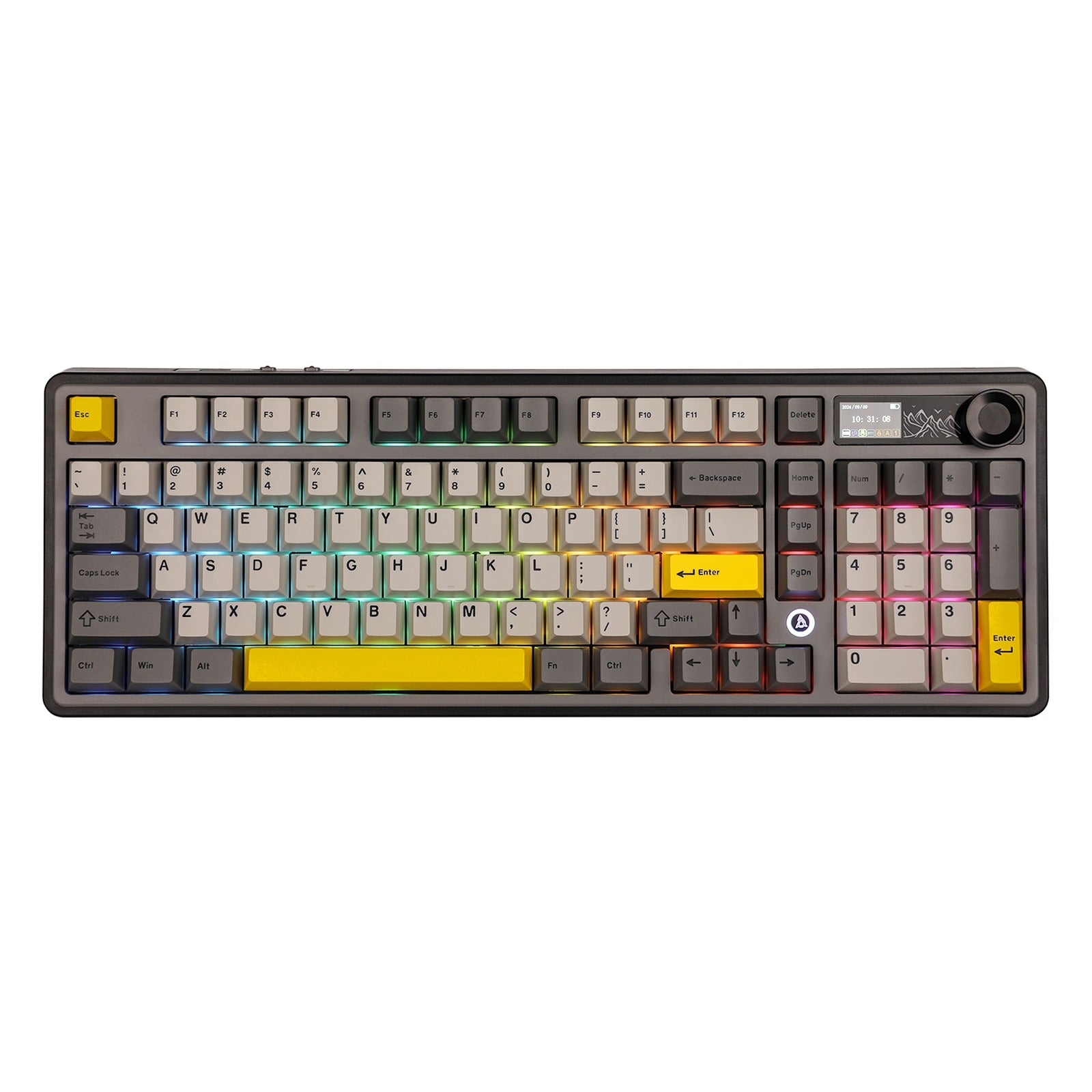 Ajazz AK980 RGB Tri-Mode 98% 97-Keys Gasket-Mounted Hot-Swappable Mechanical Keyboard with 1.14" TFT Display Screen & Knob (Black/Grey/Yellow)