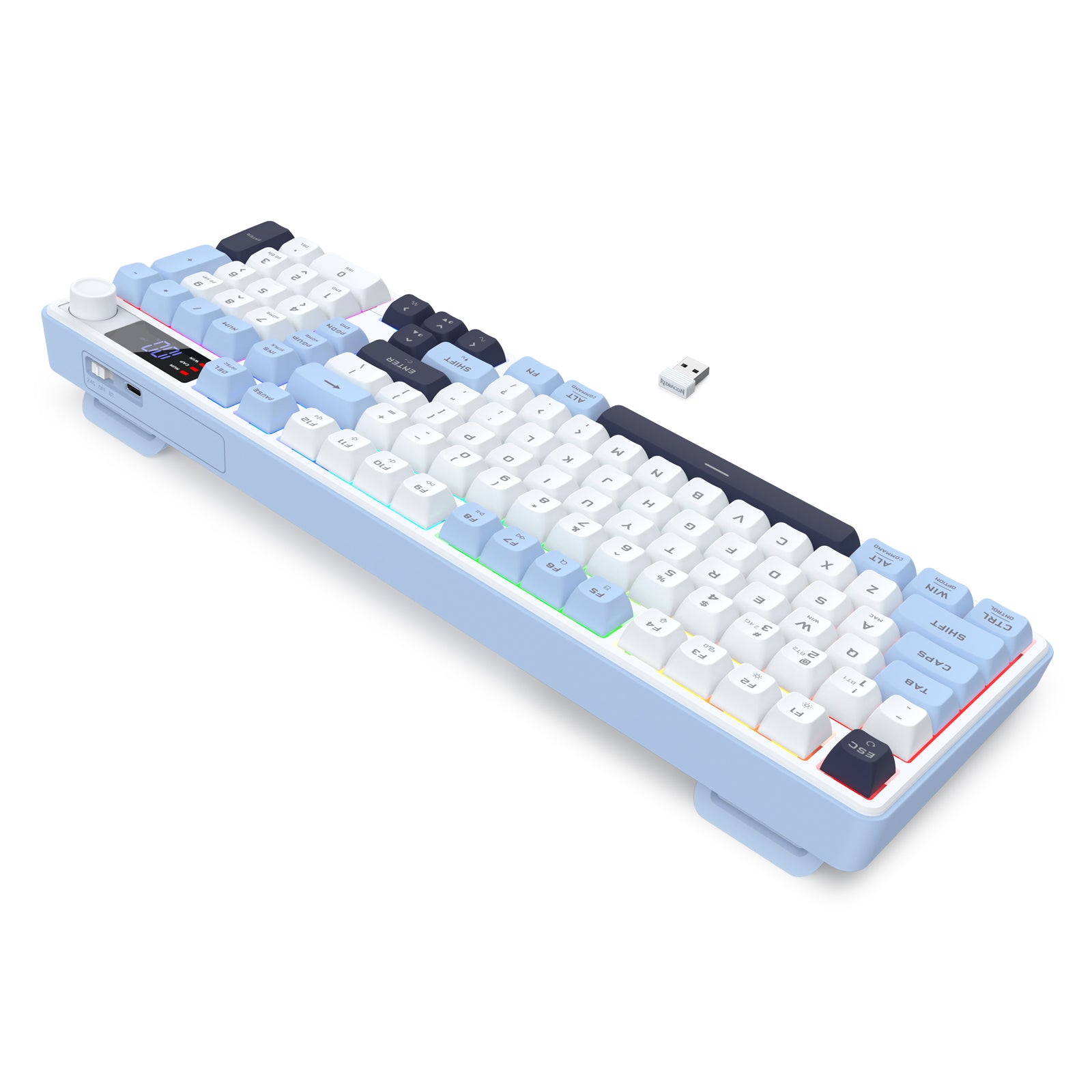 Redragon Aria Pro K527WBL Tri-Mode Ultra-Quiet Membrane RGB Keyboard with LCD Display & Knob Control
