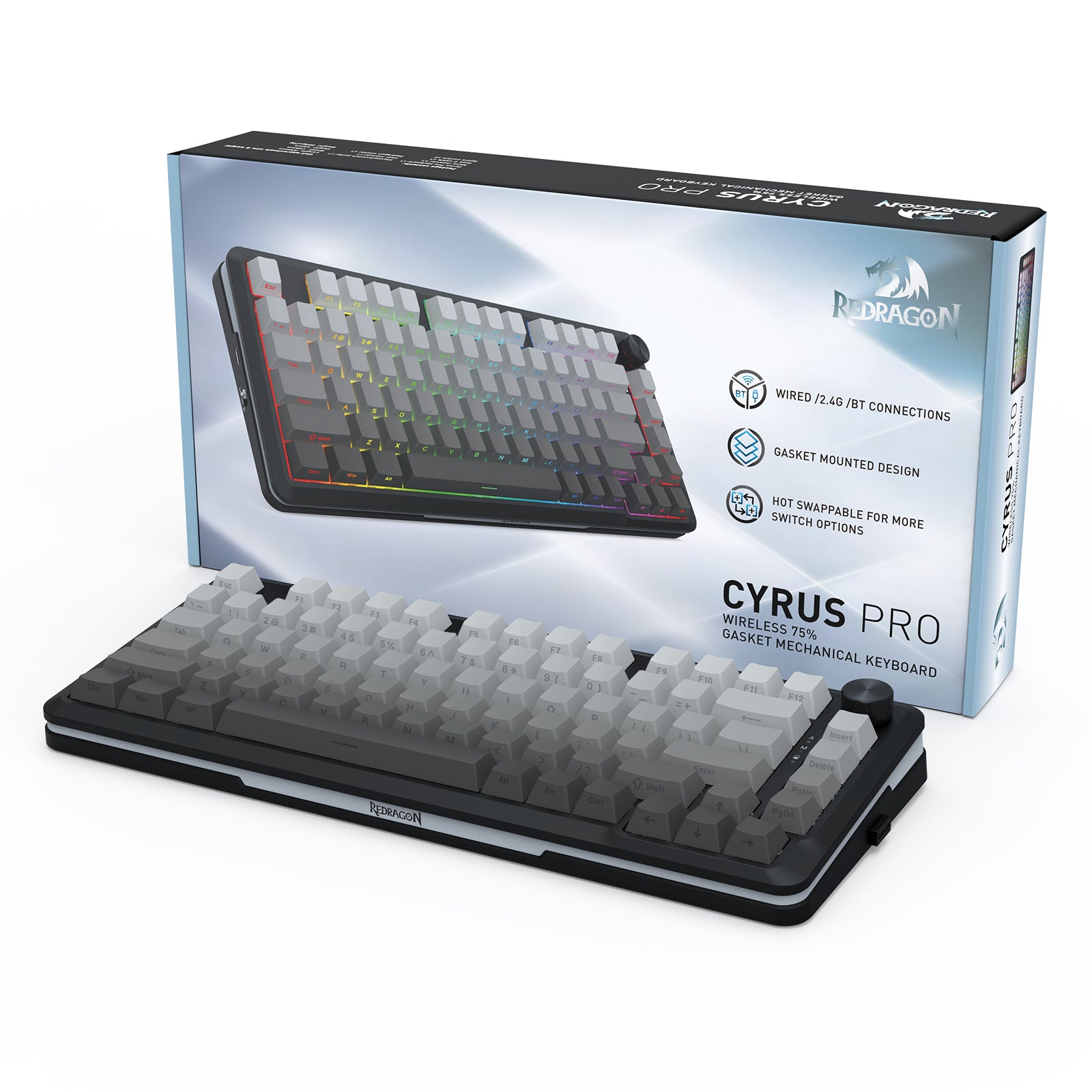 Redragon Cyrus Pro K681SP RGB Wireless 75% Hot-Swappable Gasket Mechanical Keyboard with Knob