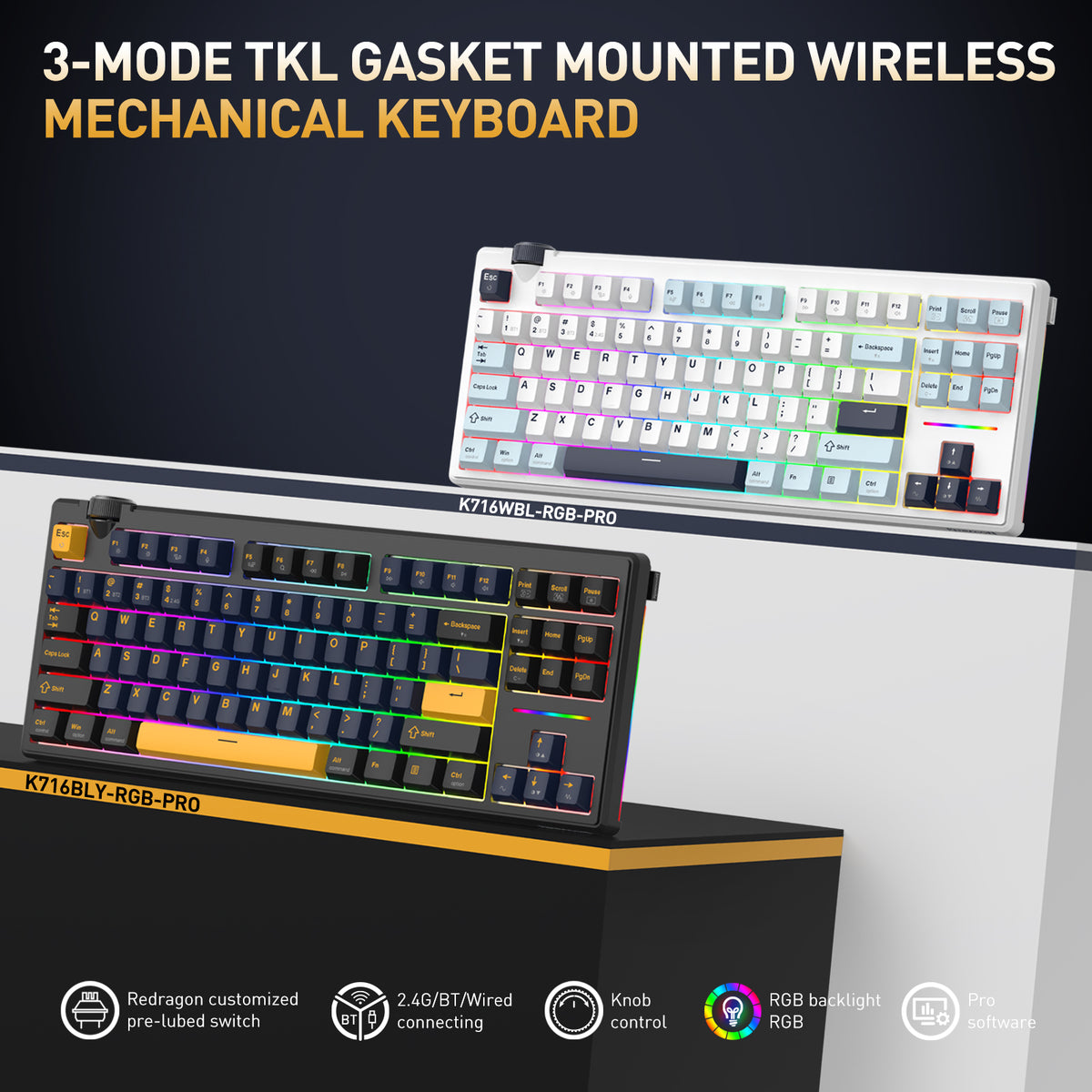 Redragon Cyclone Pro K716 RGB Hot-Swappable Gasket Mounted TKL Horizontal Knob Mechanical Keyboard