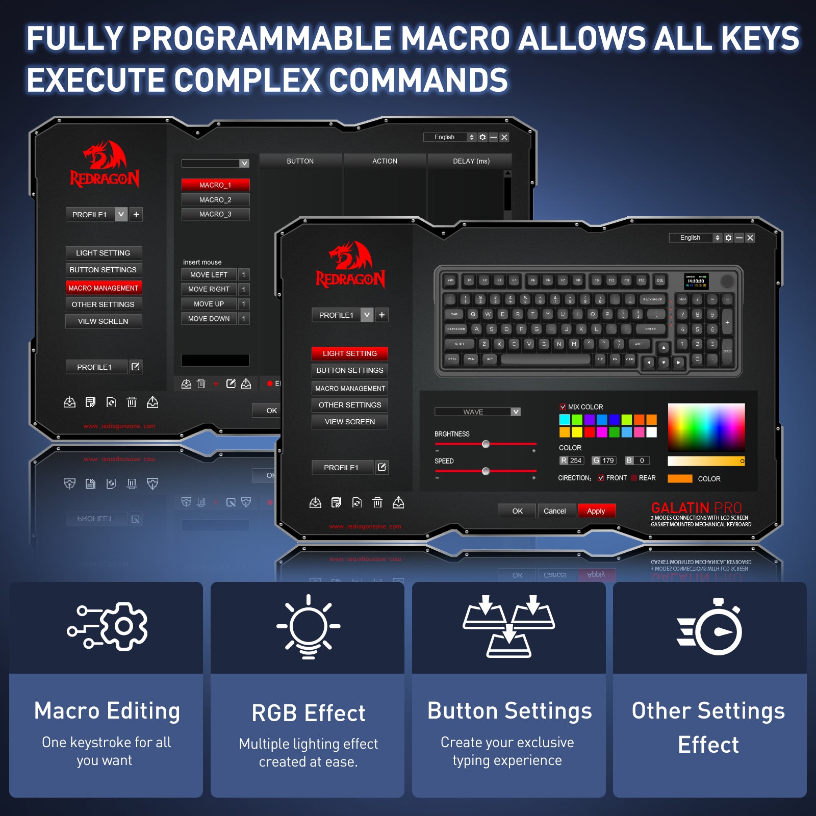 Redragon Galatin Pro K719 RGB Tri-Mode with LCD Screen Gasket Mounted Mechanical Keyboard