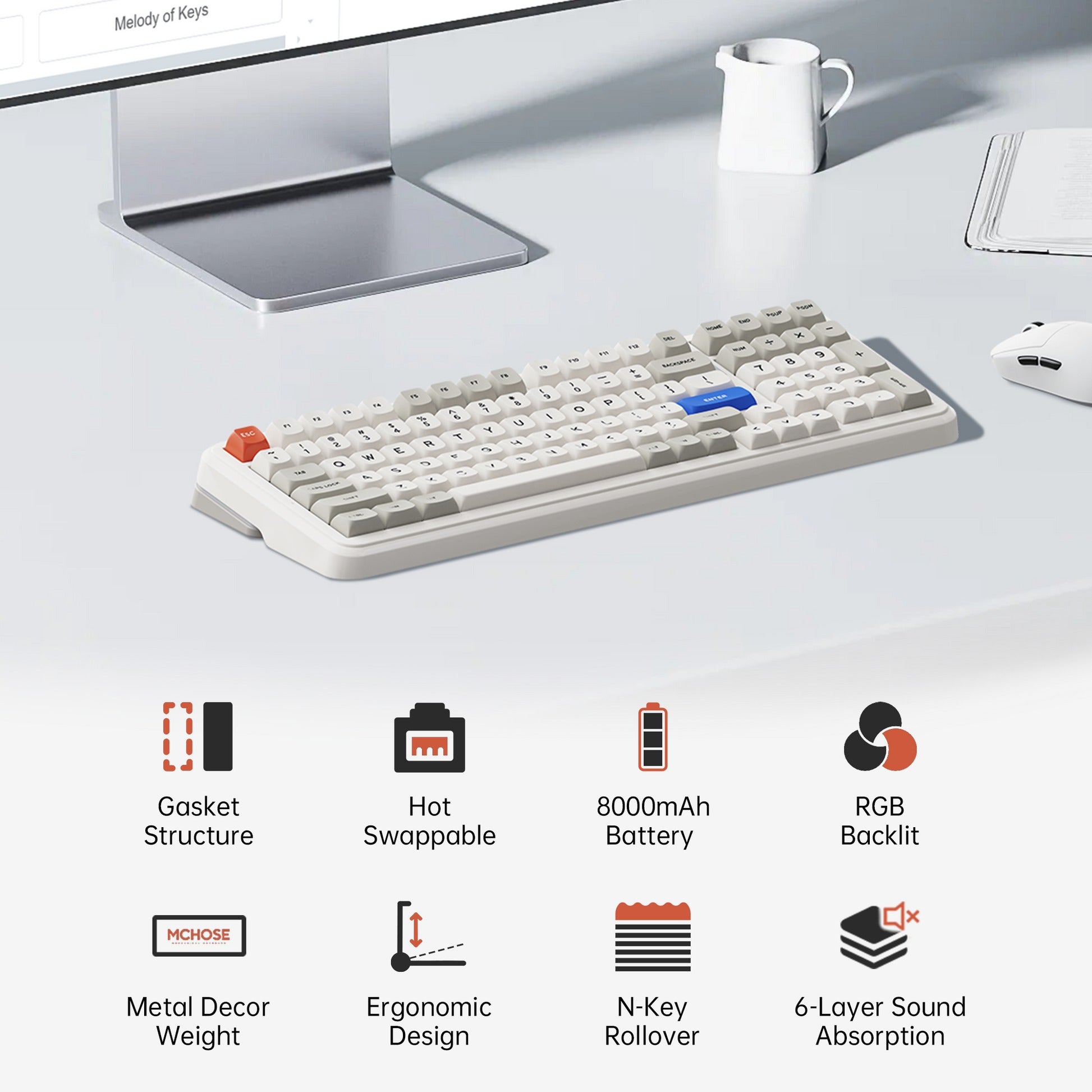 Mchose K99 V2 RGB Tri-Mode Hot-Swappable Mechanical Keyboard (Retro White) (Icy Creamsicle Switch)