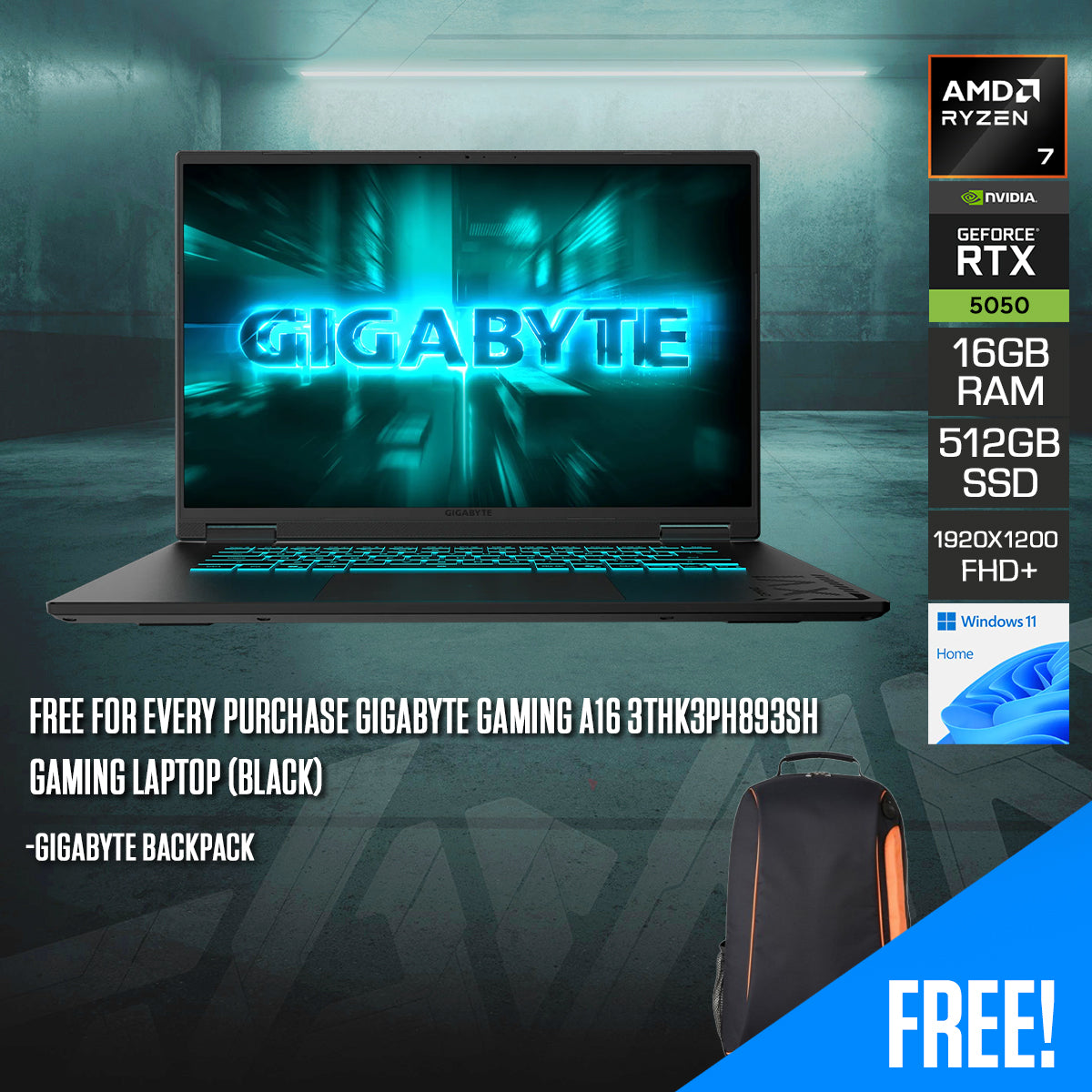 Gigabyte Gaming A16 3THK3PH893SH Gaming Laptop (Black) | 16" FHD+ (1920x1200) 165Hz IPS | Ryzen 7 260 | 16GB RAM | 512GB SSD | RTX 5050 8GB | Windows 11 Home | Gigabyte Backpack