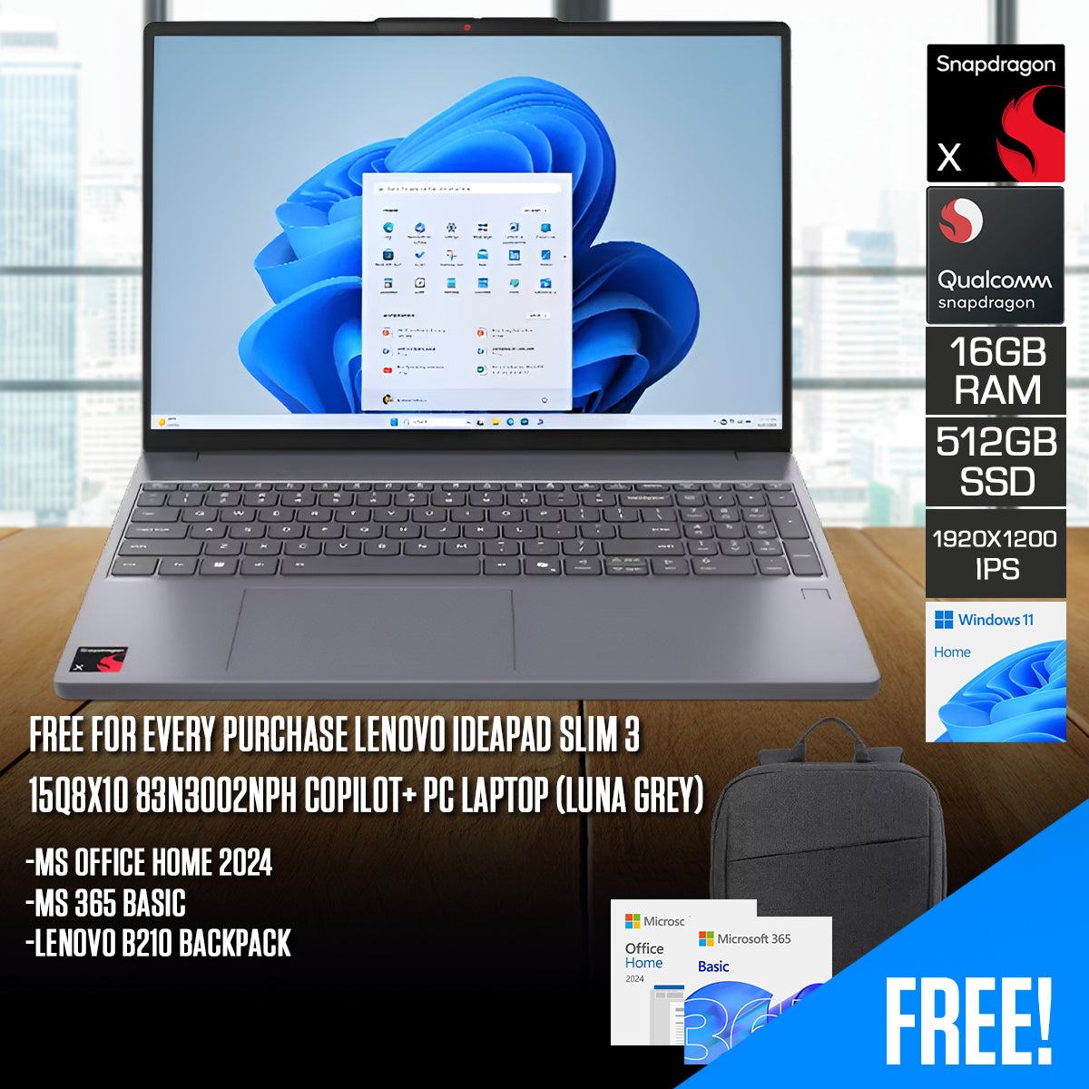 Lenovo IdeaPad Slim 3 15Q8X10 83N3002NPH Copilot+ PC Laptop (Luna Grey) | DataBlitz