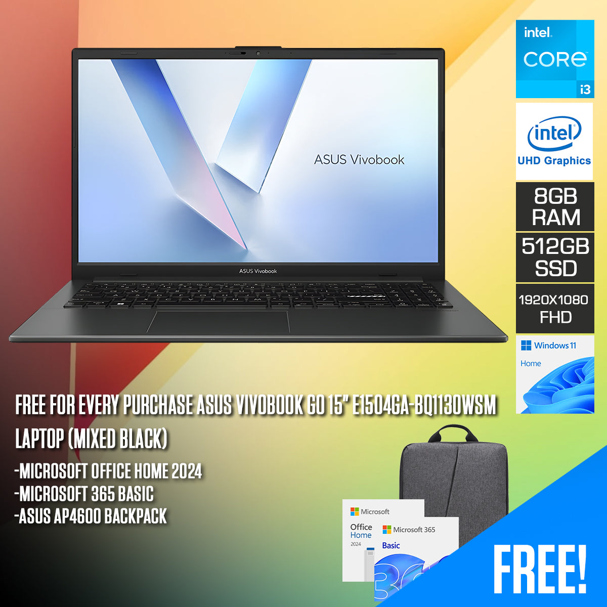 Asus Vivobook Go 15" E1504GA-BQ1130WSM Laptop (Mixed Black)