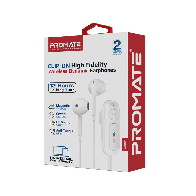 Promate Latch Clip-On High Fidelity Wireless Dynamic Earphones (White)