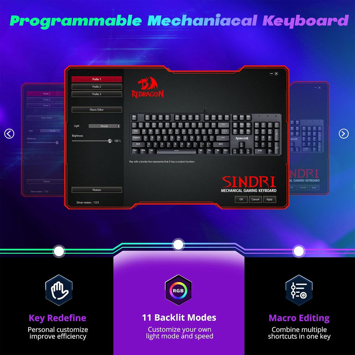 Redragon Sindri K671 RGB Hot-Swappable Full Sized Wired Mechanical Gaming Keyboard
