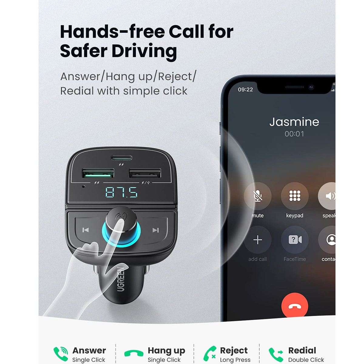 Ugreen Bluetooth FM Transmitter Car Charger for Tablets & Phones
