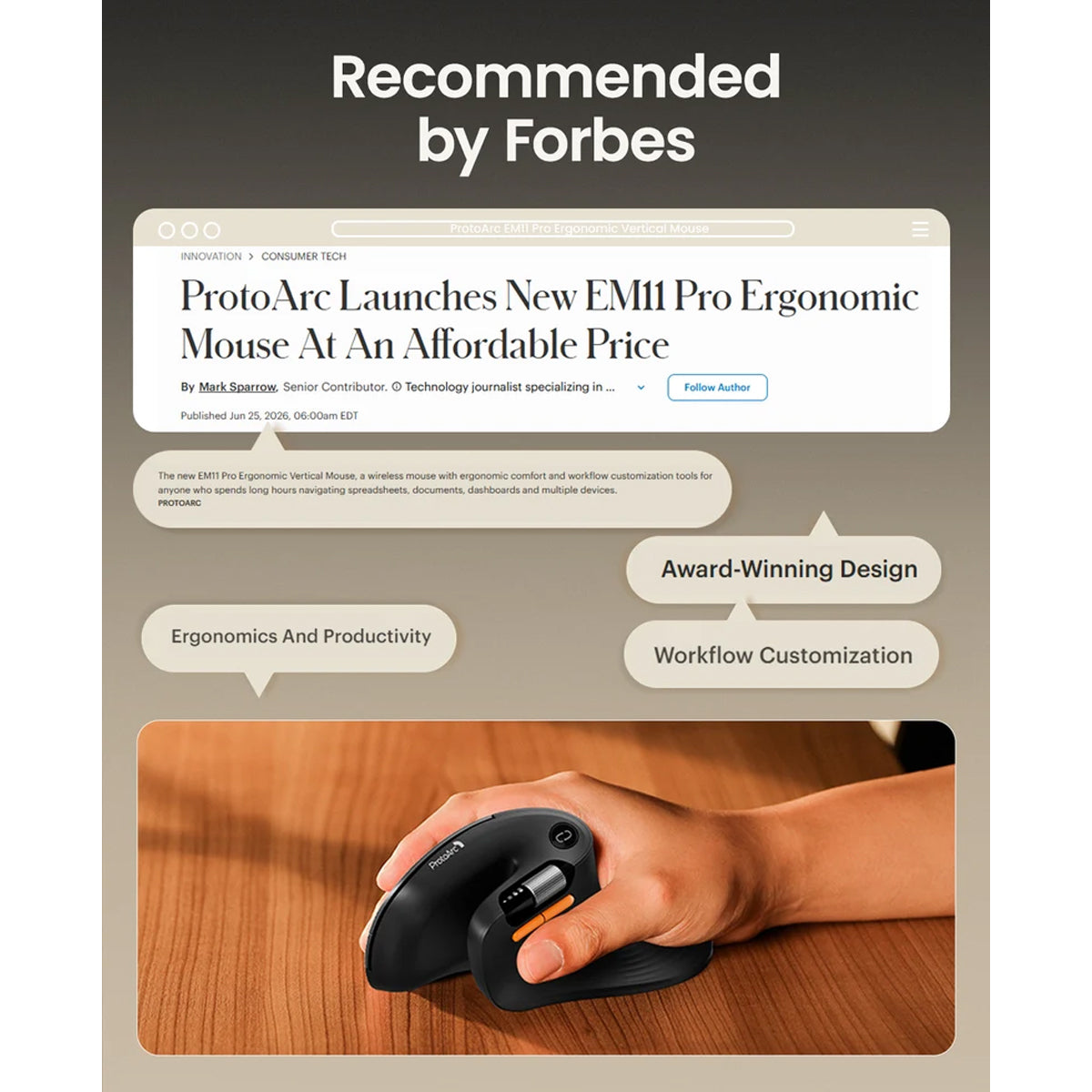 ProtoArc EM11 Pro Dual-Mode Ergonomic Vertical Mouse (Black) (CP017199)