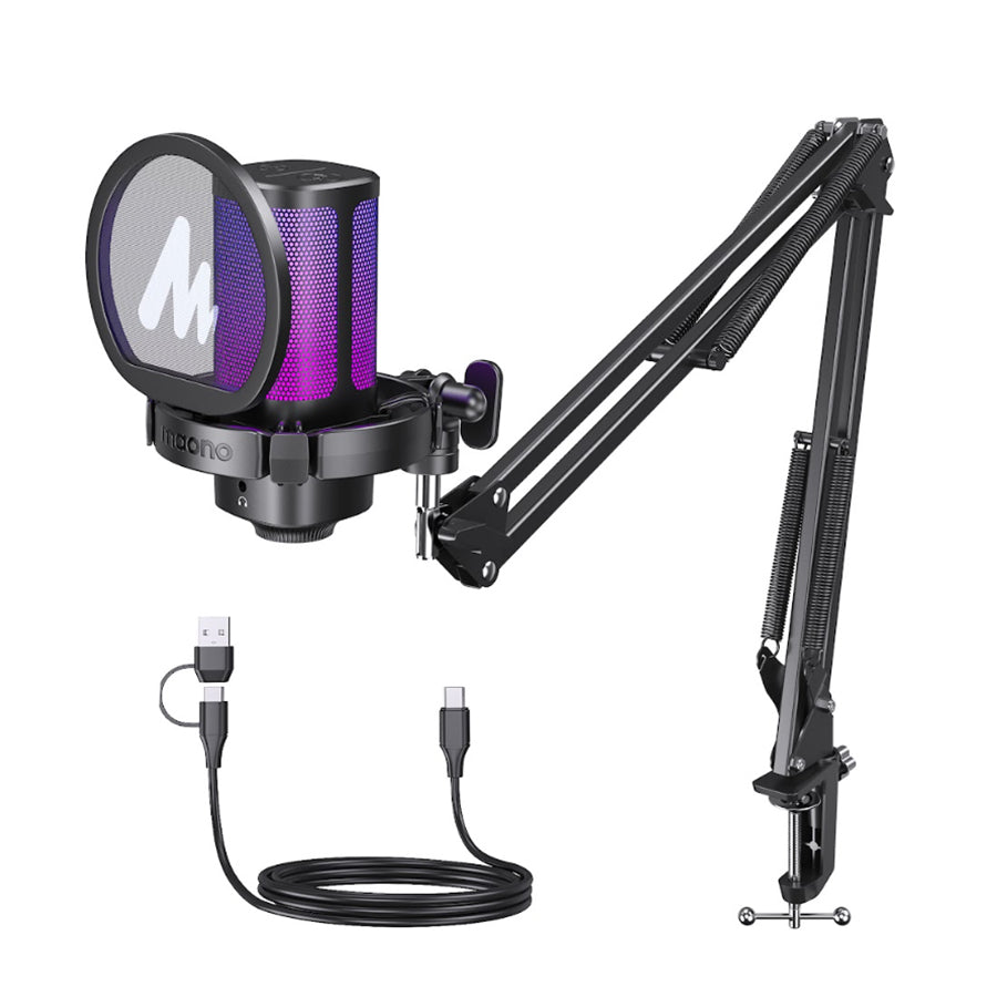 Maono DGM20G S GamerWave USB RGB Condenser Noise Canceling Microphone with Boom Arm