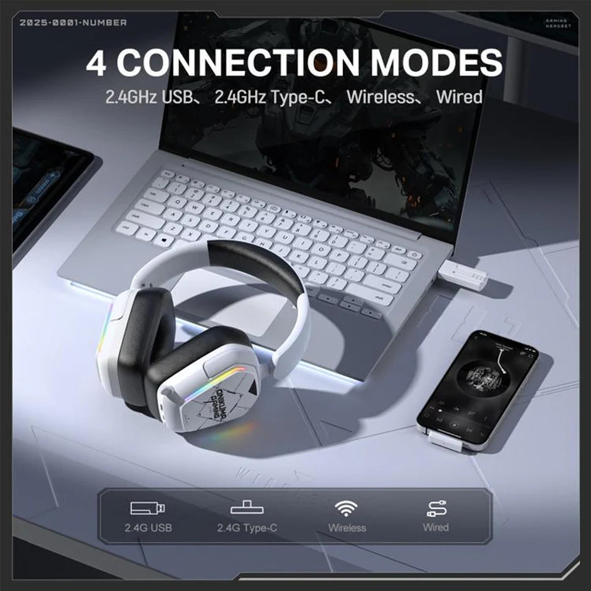 Onikuma GT883 4-Mode Gaming Headset (White/Black)
