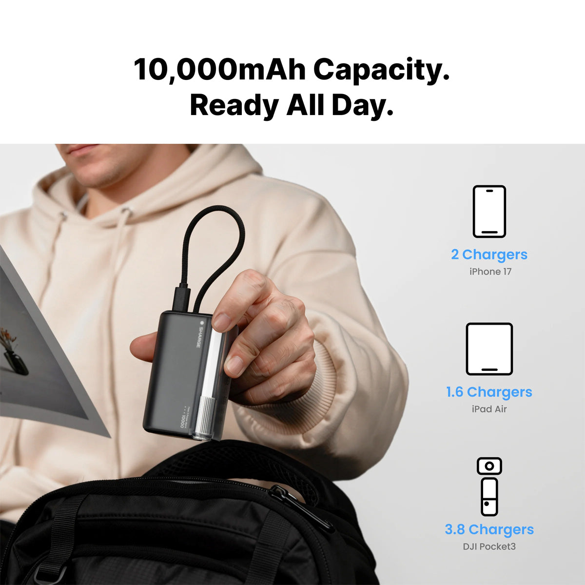 Sharge Flow 3 Power Bank 10000mAH 45W with Built-in USB-C Cable