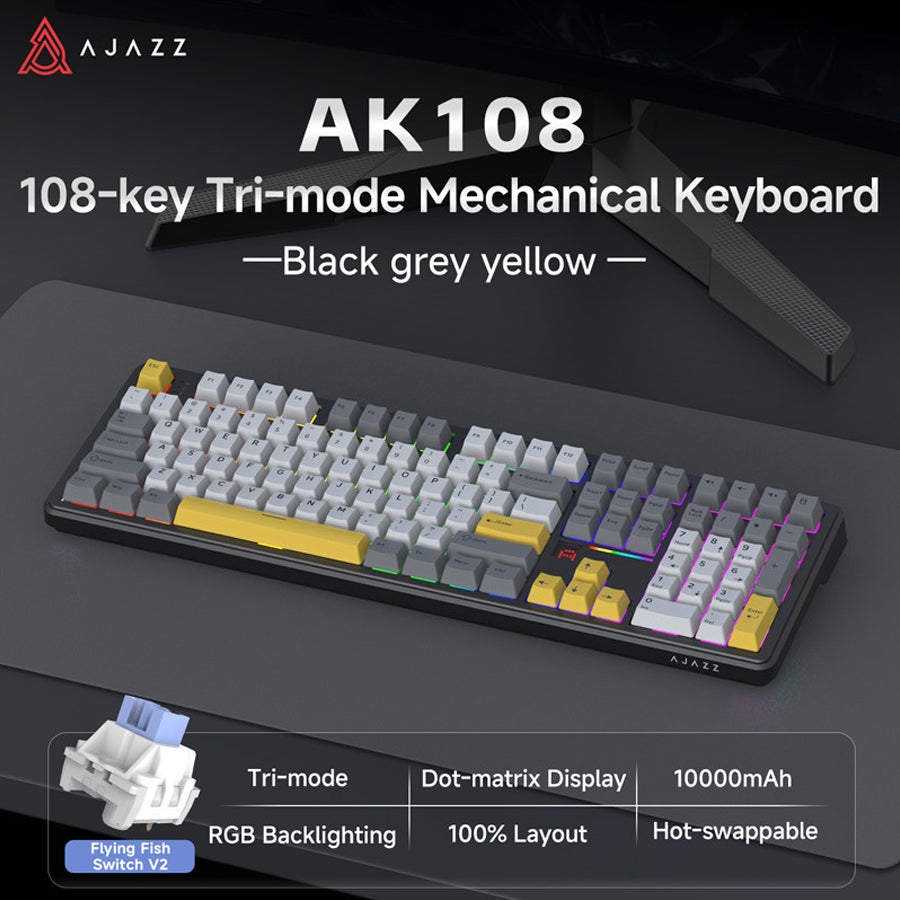 Ajazz AK108 RGB Tri-Mode 108 Keys Dot Matrix Display Mechanical Keyboard (Black-Grey-Yellow)