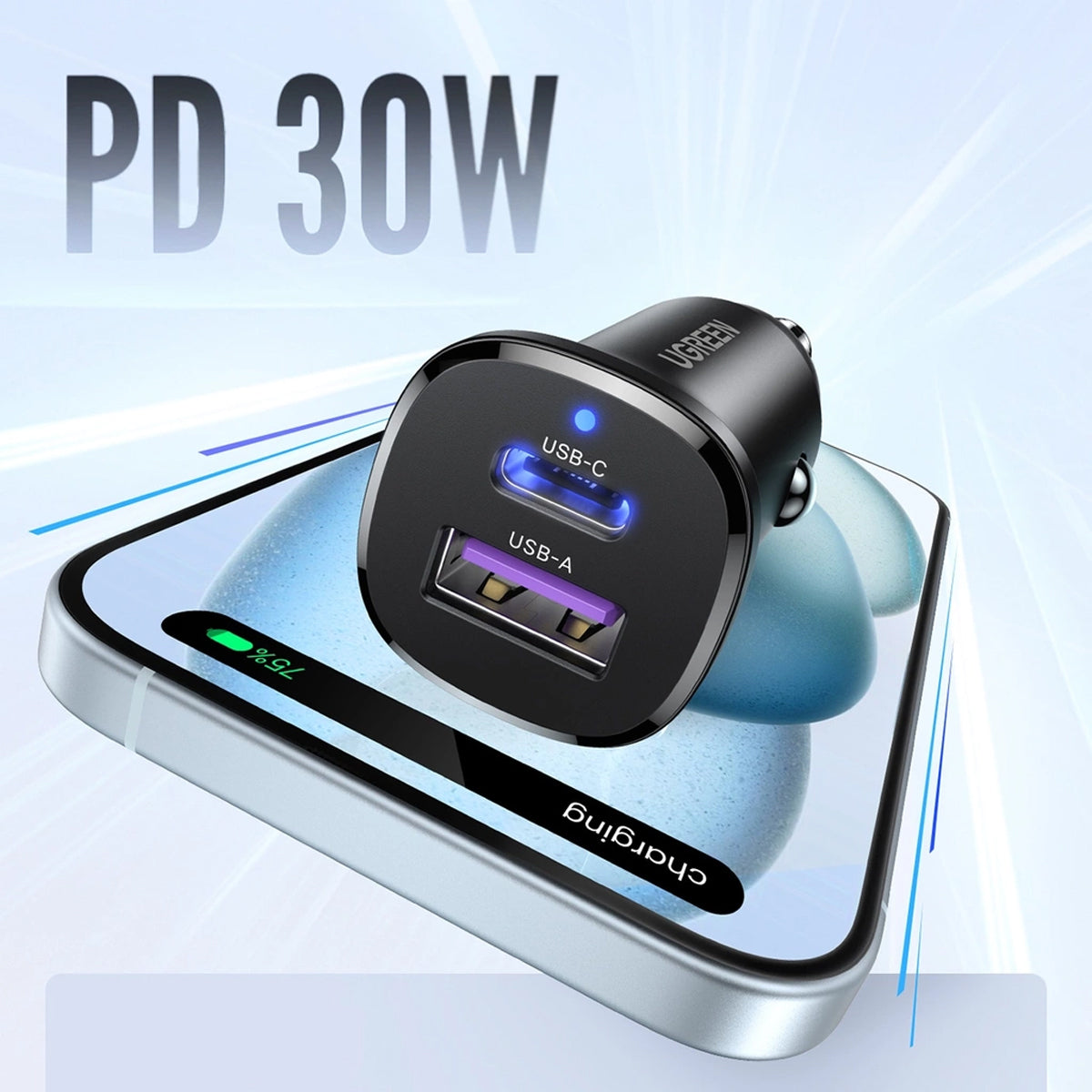 Ugreen 2-Port USB-C PD + USB-A QC 30W Fast Car Charger (EC305/25845)