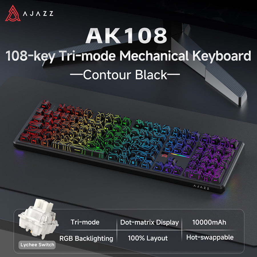 Ajazz AK108 RGB Tri-Mode 108 Keys Dot Matrix Display Mechanical Keyboard (Contour Black)