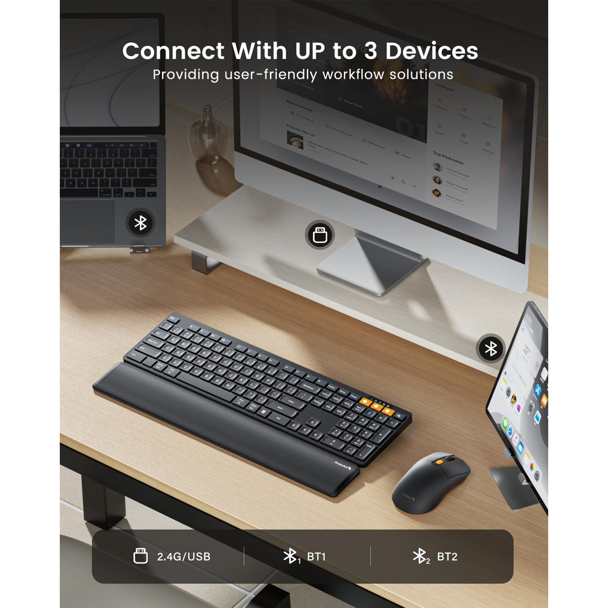 ProtoArc KM60 Ergonomic Triple Channel Bluetooth Keyboard and Mouse Combo with Wrist Rest