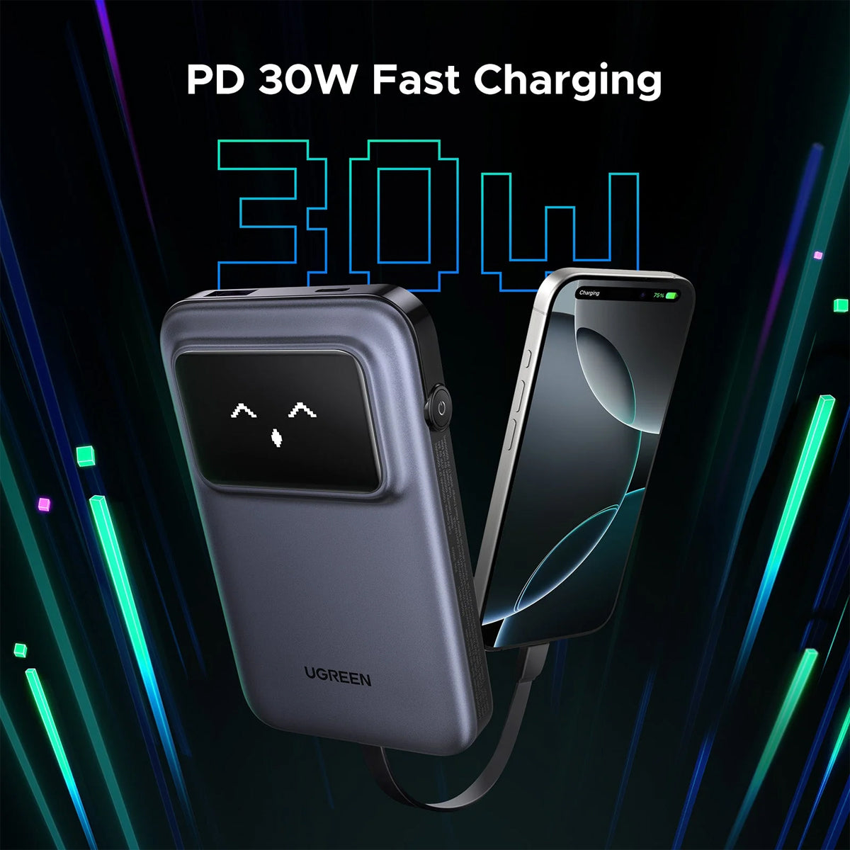 Ugreen Uno 10000mAh Quick Charging 30W Power Bank With Build-in USB-C Cable (Grey, Purple)