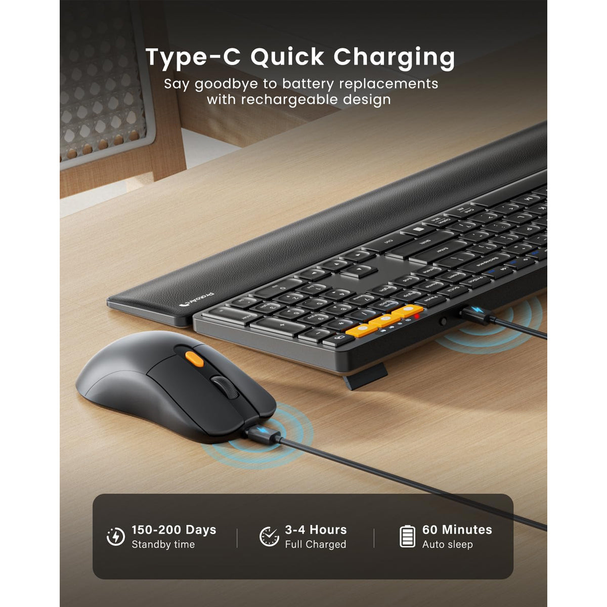 ProtoArc KM60 Ergonomic Triple Channel Bluetooth Keyboard and Mouse Combo with Wrist Rest
