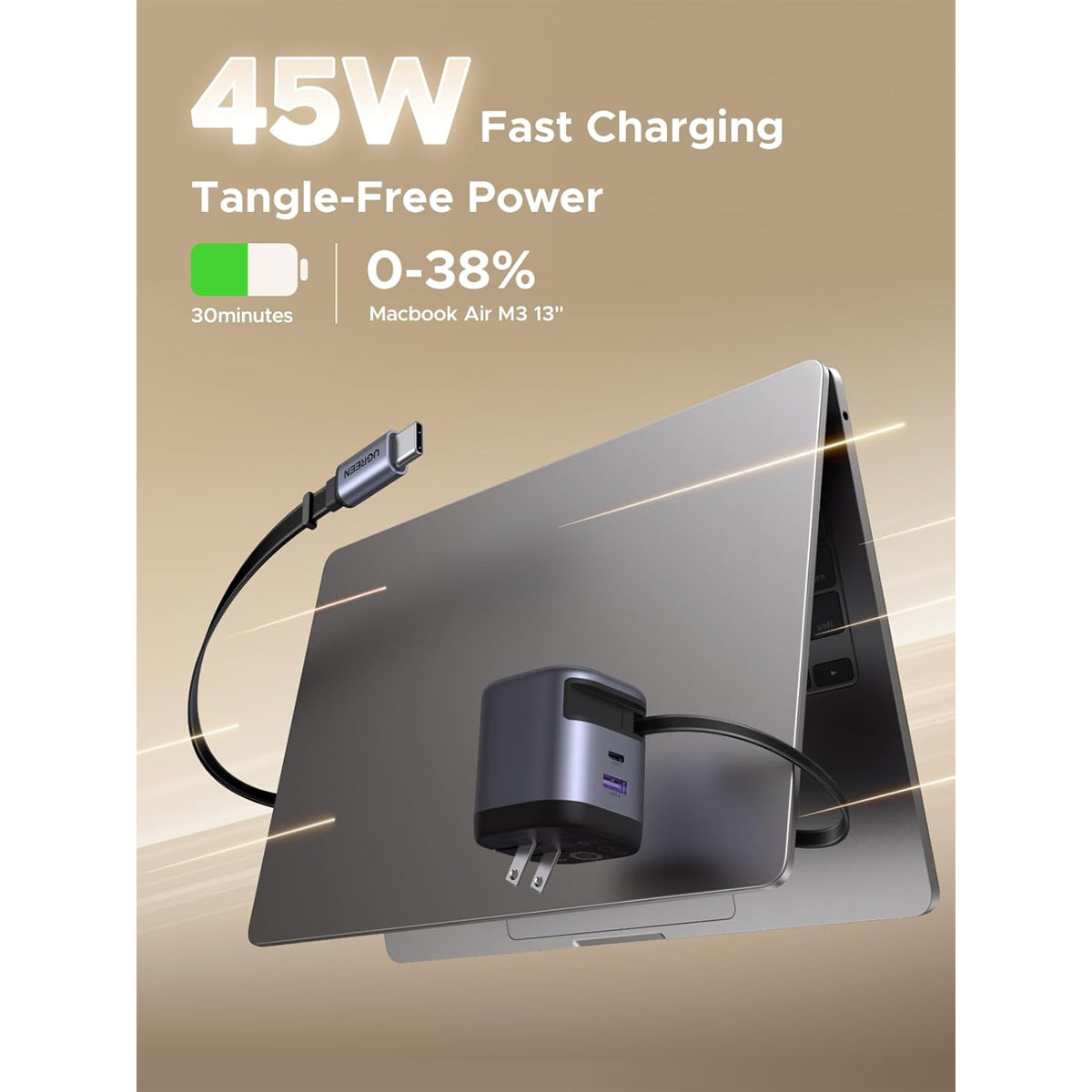 Ugreen Nexode Pro 45W 1xUSB-C + 1xUSB-A GaN Fast Charger with Type-C Retractable Cable (X614/65821)