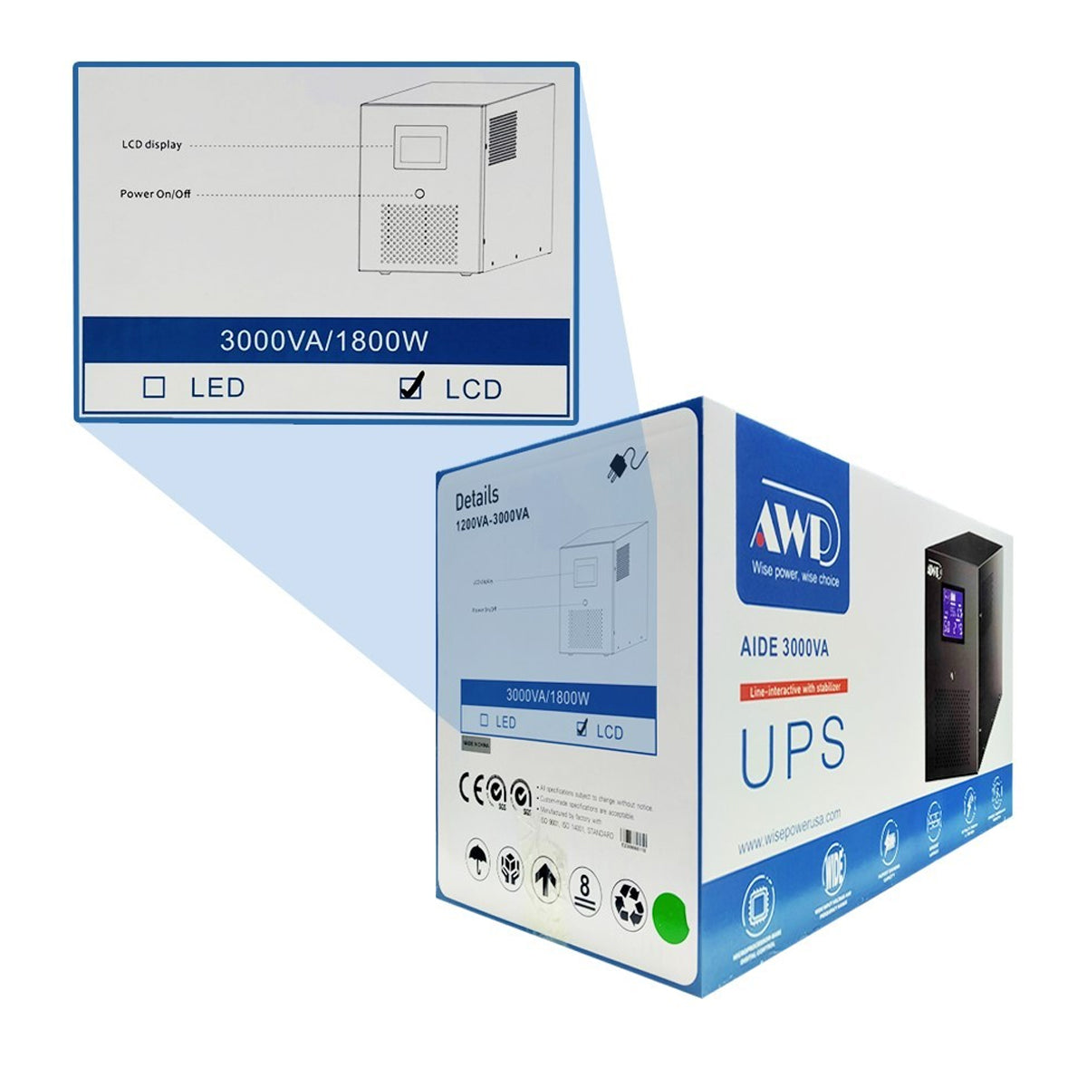 AWP Aide Pro LCD 3000VA 1800W Line-Interactive UPS with Stabilizer