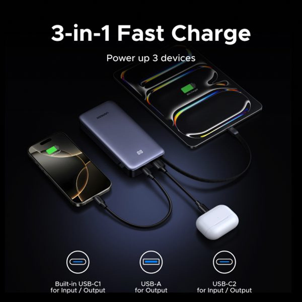 Ugreen Nexode 20000mAh 55W Fast Charging Power Bank with Built-in USB-C Braided Cable