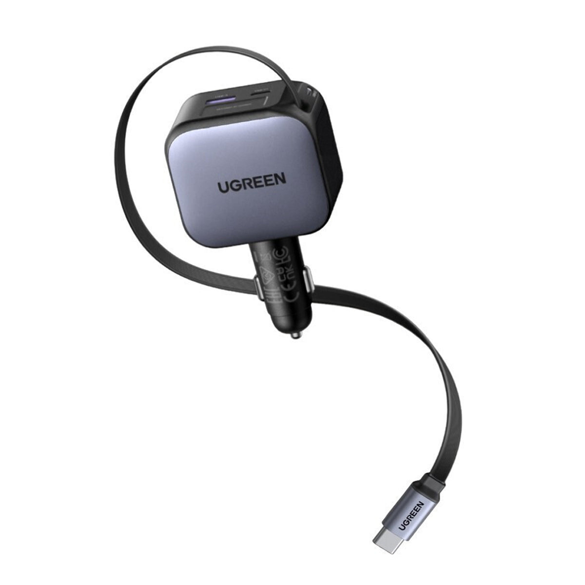 Ugreen Nexode 60W 1xUSB-C + 1xUSB-A Fast Car Charger with Retractable Cable for Tablets/Phones