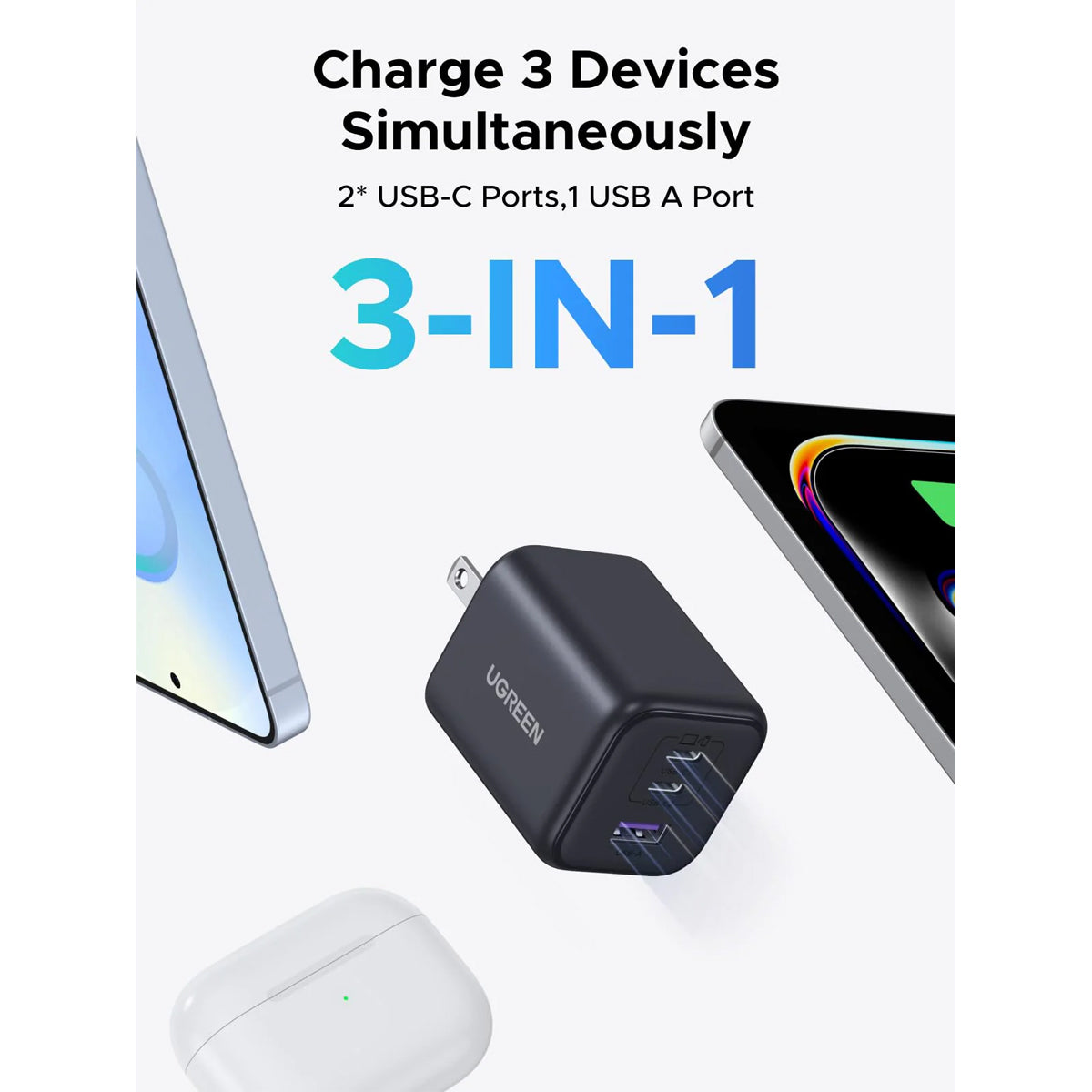Ugreen 3-Port 2xUSB-C + x-1xUSB-A 45W GaN Fast Charger (X527/65155B)