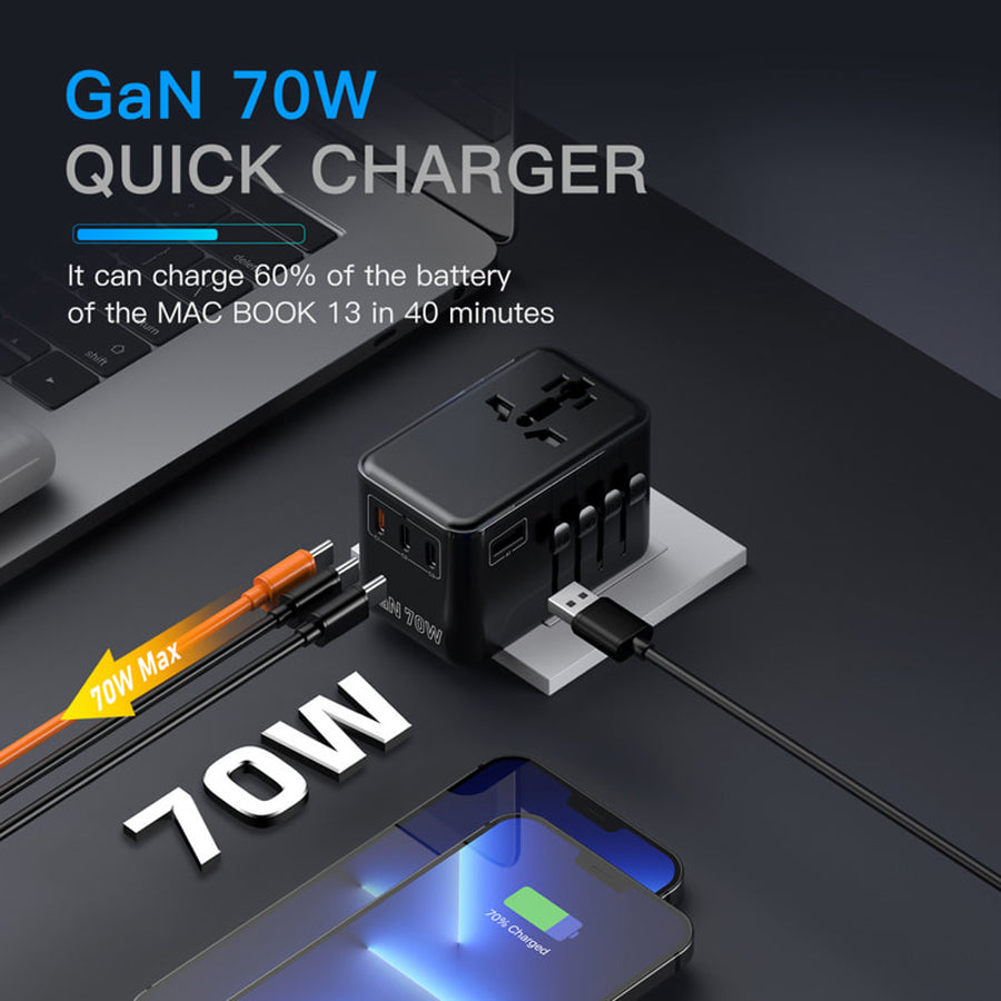 SODI A02-PD70 GaN 70W Universal Travel Charger with EU/UK/AUS/US Plug and 3xUSB-C + 2xUSB-A Ports