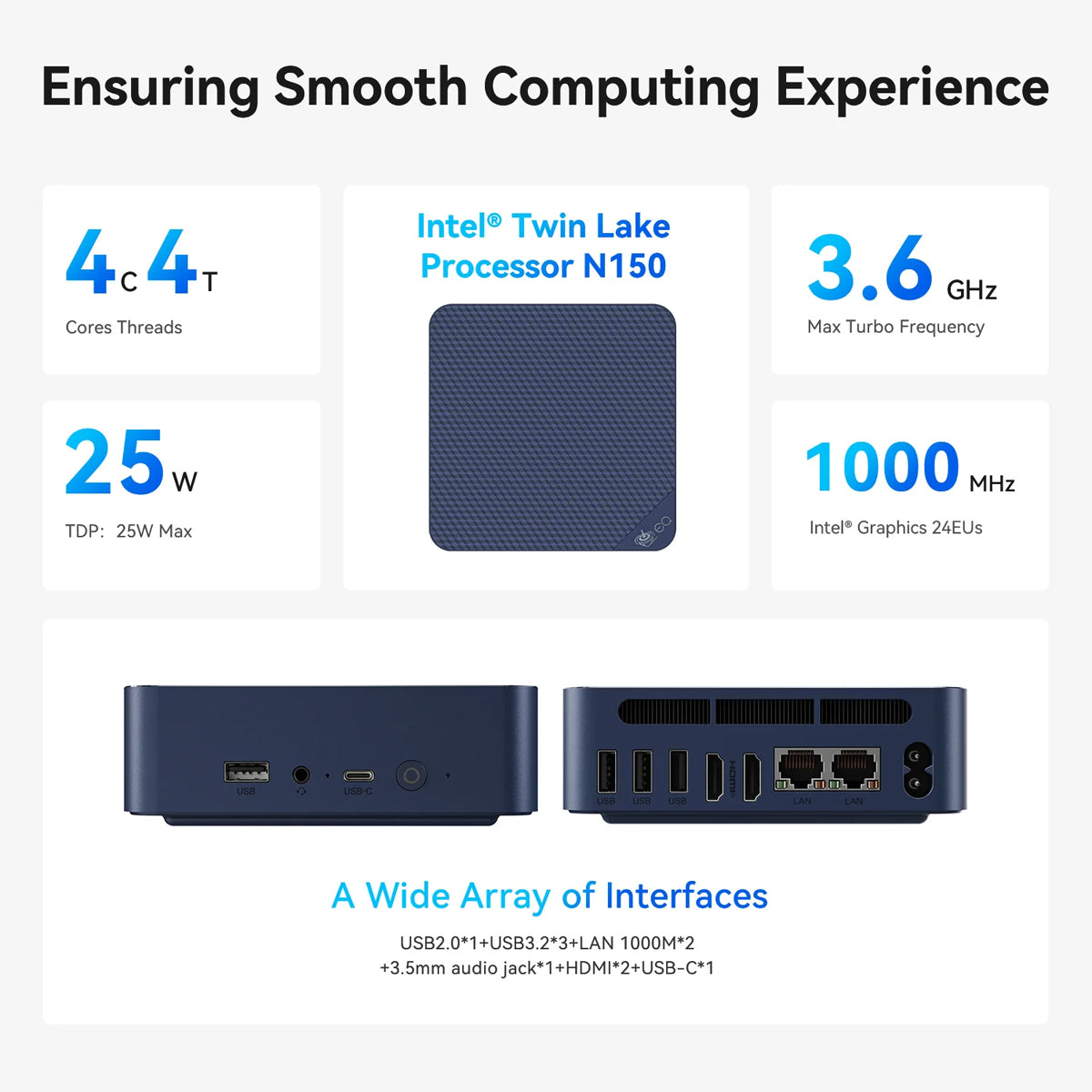 Beelink EQ14-D4 Intel Twin Lake N150 16GB RAM 500GB SSD Windows 11 Home Mini PC (Navy Blue)