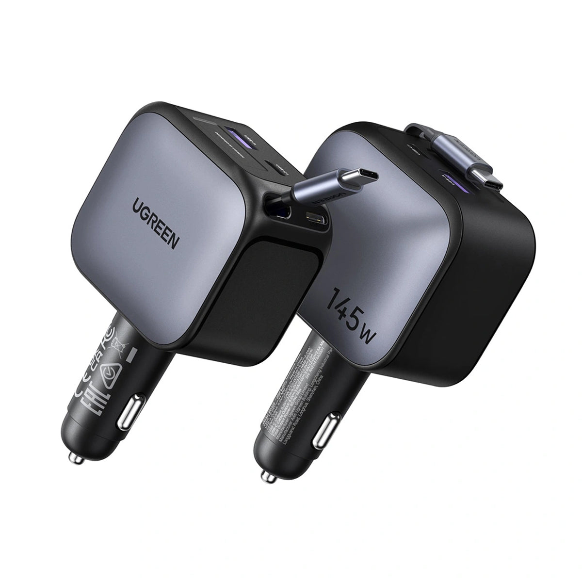 Ugreen Nexode 145W 2xUSB-C + 1xUSB-A Fast Car Charger with Retractable Cable