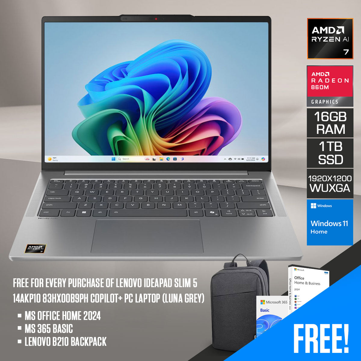 Lenovo IdeaPad Slim 5 14AKP10 83HX00B9PH Copilot+ PC Laptop (Luna Grey)