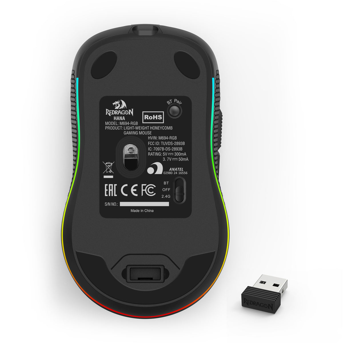 Redragon Hana M694 RGB Tri-Mode 72000DPI Lightweight Honeycomb Gaming Mouse (Black)