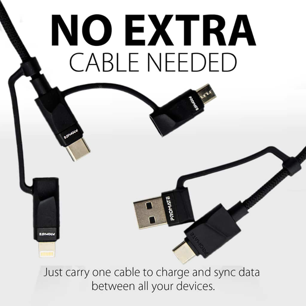 Promate Pentapower 6-IN-1 Hybrid Multi-Connector Cable For Charging And Data Transfer Black