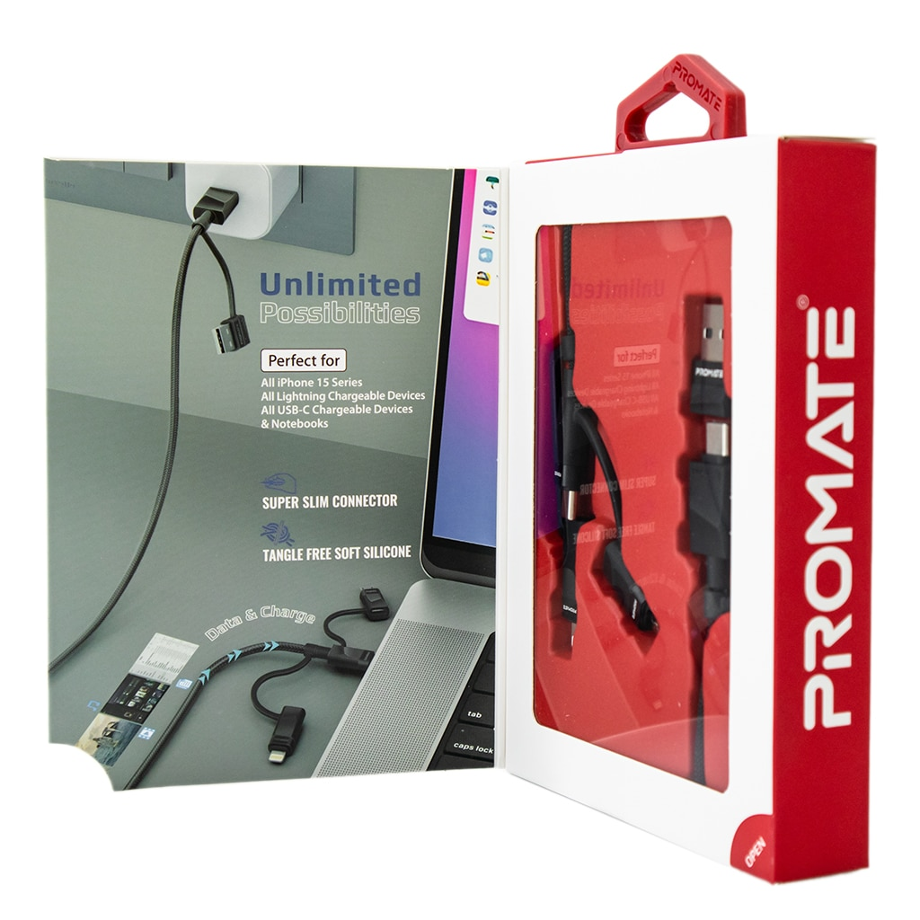 Promate Pentapower 6-IN-1 Hybrid Multi-Connector Cable For Charging And Data Transfer Black