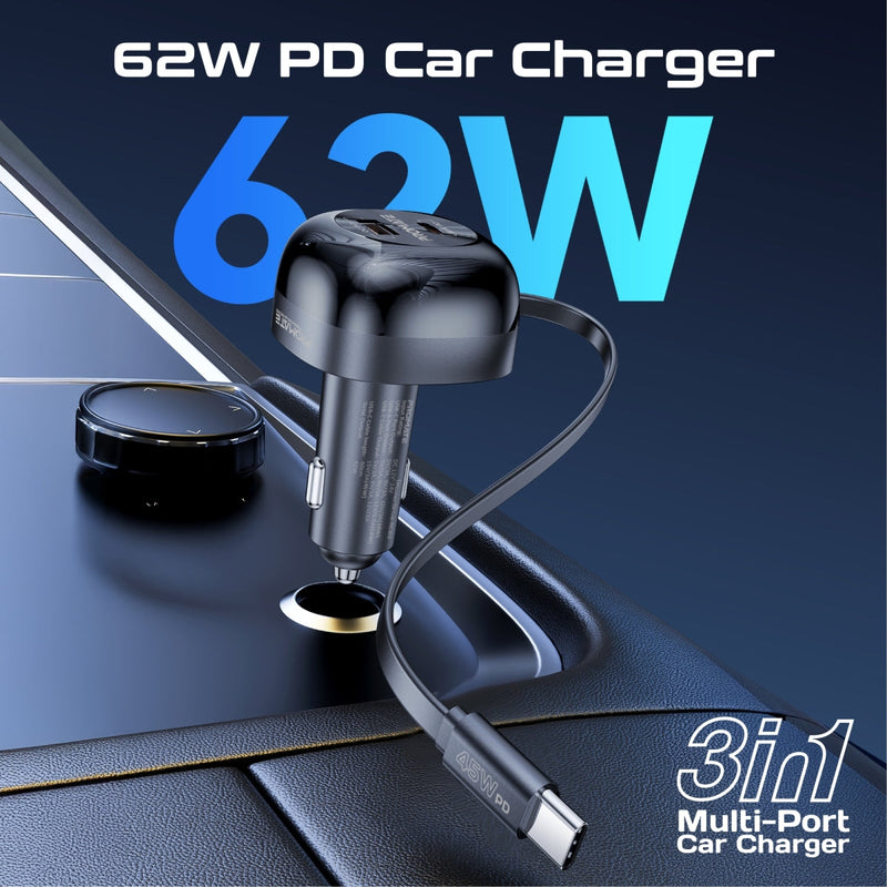 Promate PowerDrive-RC65 62W Multi-Port Car Charger with Retractable USB-C Cable