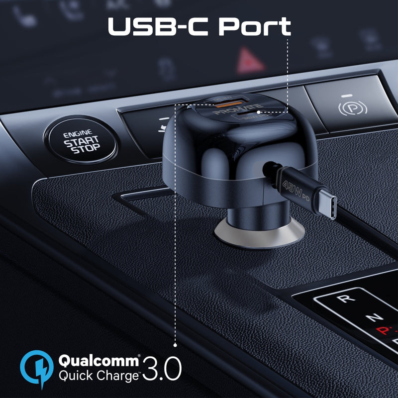 Promate PowerDrive-RC65 62W Multi-Port Car Charger with Retractable USB-C Cable