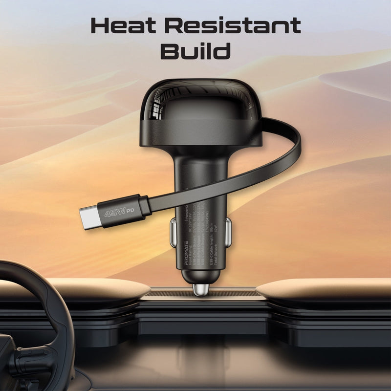 Promate PowerDrive-RC65 62W Multi-Port Car Charger with Retractable USB-C Cable