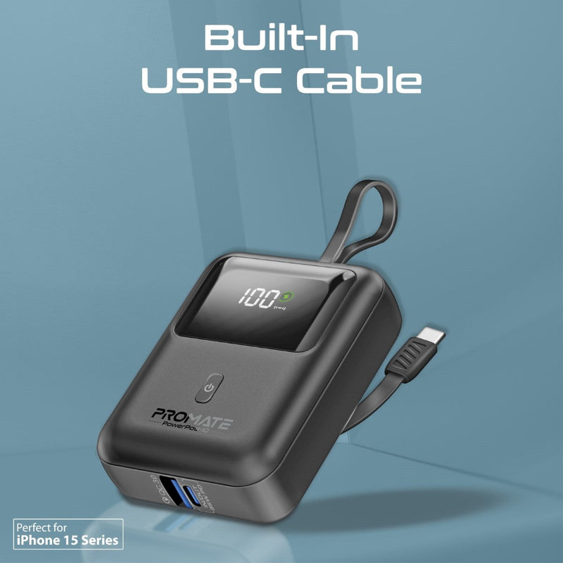 Promate Powerpod-10 10000mAh Ultra Compact 35W Superspeed Power Bank With Built-In USB-C Cable