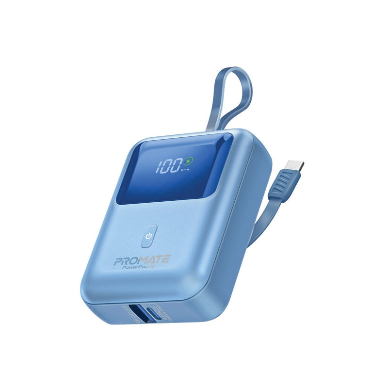 Promate Powerpod-10 10000mAh Ultra Compact 35W Superspeed Power Bank With Built-In USB-C Cable