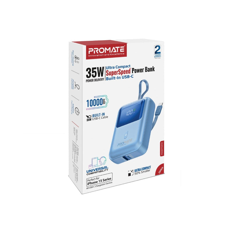 Promate Powerpod-10 10000mAh Ultra Compact 35W Superspeed Power Bank With Built-In USB-C Cable
