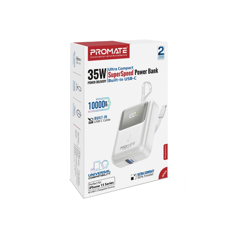 Promate Powerpod-10 10000mAh Ultra Compact 35W Superspeed Power Bank With Built-In USB-C Cable
