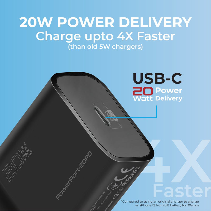 Promate Powerport-20PD 20W Power Delivery USB-C Wall Charger EU (Black)