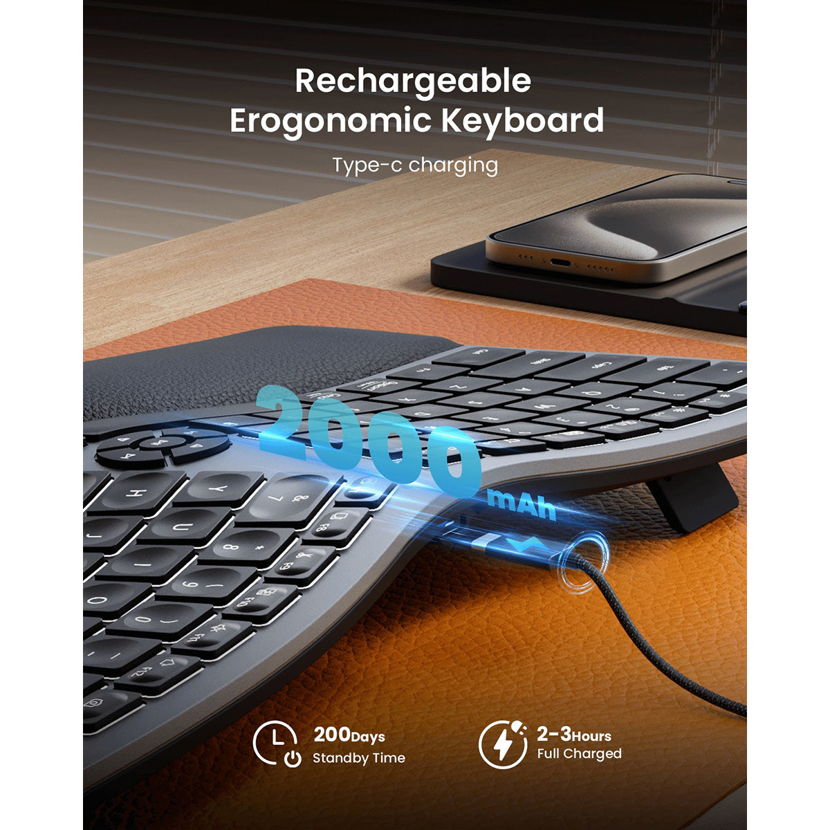 ProtoArc EK01 Plus Dual Mode Full Size Backlit Ergonomic Split Keyboard (Black/Grey) (CP013398)